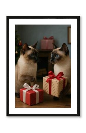 Siamese cats with festive gifts.