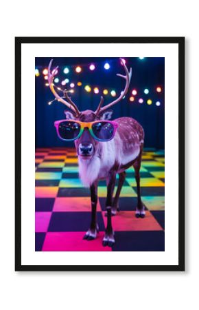 Quirky and Fun Image of a Reindeer Wearing Bright Sunglasses on a Checkerboard Disco Floor