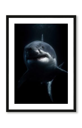 The great white shark swimming in deep ocean darkness.