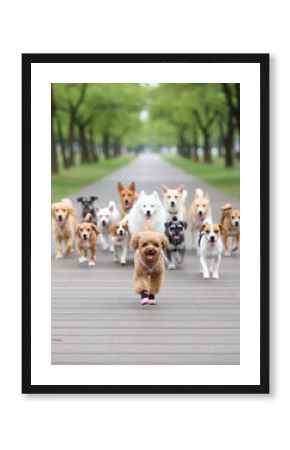 わんこ達を引き連れて走るトイ・プードル