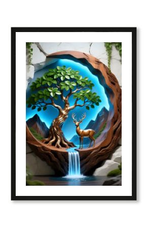  Deer standing under the tree and a waterfall nearby I Wall Decor 