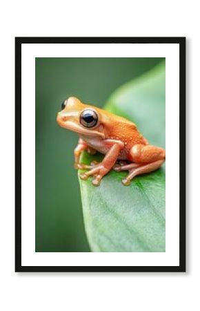 Orange tree frog sits on a green leaf, displaying its large eyes and textured skin in a lush natural environment.
