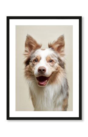 A border collie sits against a beige background with an excited, open-mouthed smile. Its fluffy fur and bright eyes enhance its expressive look.