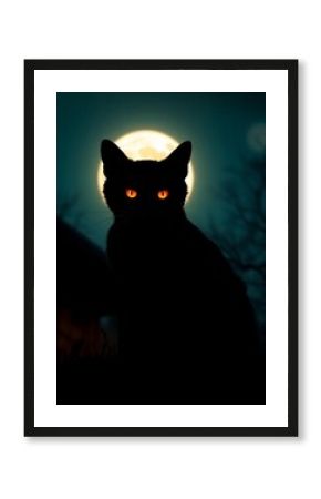 Spooky black cat silhouette with glowing orange eyes on a moonlit night, cat,  stars