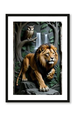 Lion in the forest,a waterfall on background I Wall Decor 