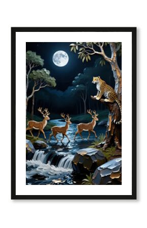 Wild cheetah in forest  watching Deers crossing the river at night 