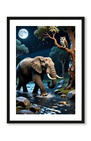 Elephant crossing the water at night 