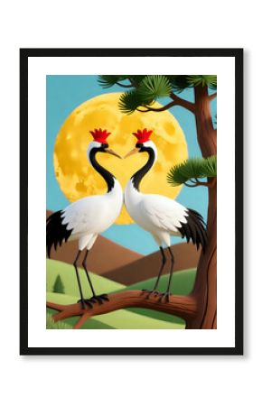 Two cranes sitting on a branch 