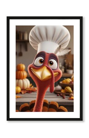 Close-up of cartoon turkey wearing chef hat, standing in kitchen setting with pumpkins and autumn leaves, representative of Thanksgiving theme