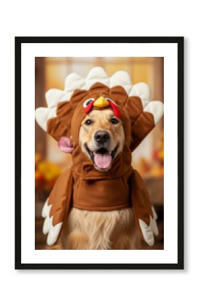 Close-up of a golden retriever dog in a brown turkey costume, symbolizing autumn celebration, festive spirit, and humor, perfect for Thanksgiving themes