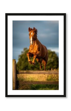 Horse leaps over wooden fence in evening sunlight