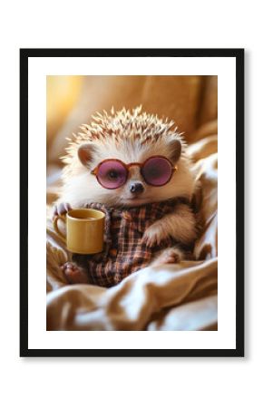 A hedgehog wearing purple glasses, wrapped in a warm blanket, holding a cup of coffee in its paws. Comfort and relaxation.