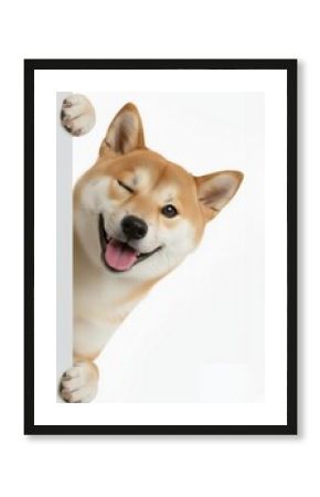 A cute and funny Japanese Shiba Inu dog peeking from behind a white wall, winking and smiling at the camera. 