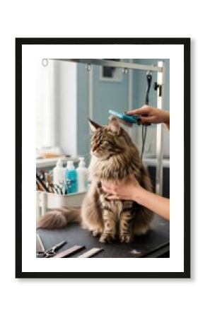 Woman hand brushing a Maine Coon cat on a grooming table. Professional pet care service for animal hygiene and beauty in a salon.