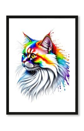Colorful cat portrait with rainbow colors and artistic watercolor effect