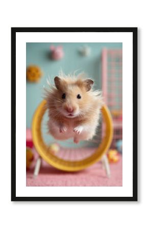 Cute hamster running in a wheel. Perfect for illustrating themes of activity, pet care, and healthy lifestyle. Ideal for childrens content and animal lovers.