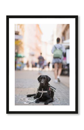 a black labrador retriever blind guide assistance dog lying on a busy inner city street surrounded by people
