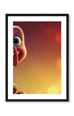 Close-up of cartoon turkey face with vibrant blue eye, red wattle. Playful, representative of cartoon characters, Thanksgiving themes, or whimsical nature