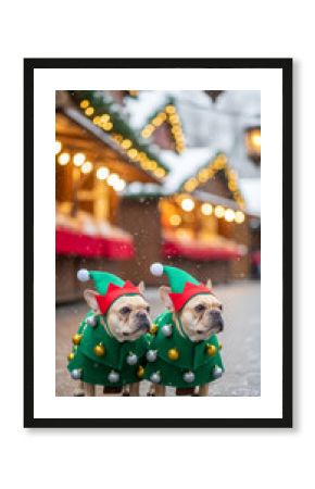 Two fawn dogs wearing elf costume, stand outdoors in a festive market setting with bokeh lights and snowfall, representing holiday cheer and playful spirit