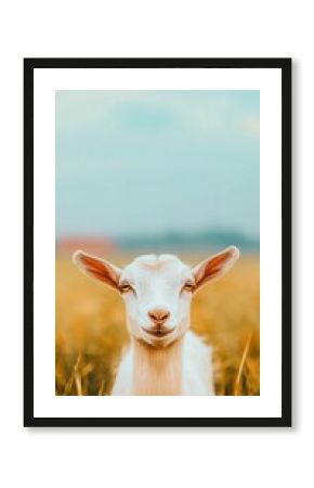 A delightful close-up of a happy pygmy goat in a vibrant grassy meadow with a rustic farm background and brilliant natural lighting