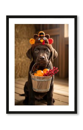 Chocolate Labrador puppy with crochet turkey hat, carrying a bucket with pumpkin and berry. Festive autumn image, representative of Thanksgiving celebration