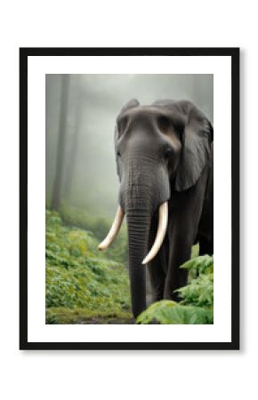 Majestic elephant with long curved tusks stands in misty forest, surrounded by lush green foliage and tranquil atmosphere