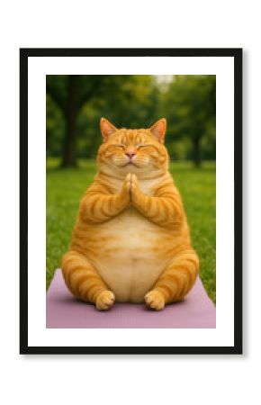 A fluffy orange cat sits in a tranquil position on a purple yoga mat in a green park. Its eyes are closed, and paws are pressed together, embodying calmness and serenity in nature