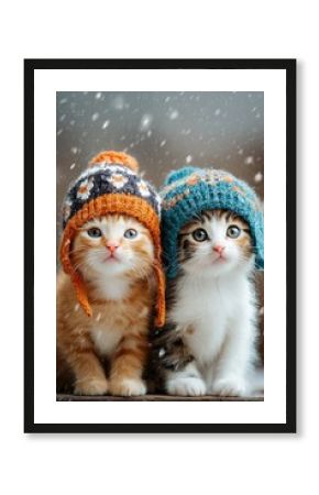 Two adorable kittens in knitted pom-pom hats looking up with big blue eyes amid falling snowflakes outdoors. Cute winter pet duo, cozy festive holiday vibe full of innocence and charm.