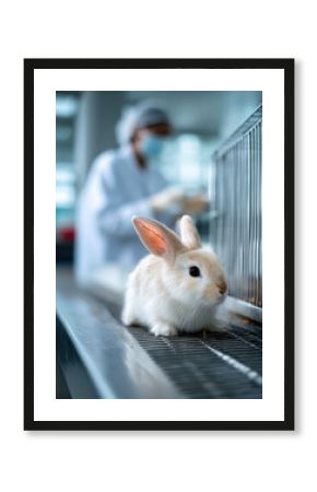 White rabbit on laboratory table with scientist in background, animal testing, clinical research, sterile environment, ethical concern