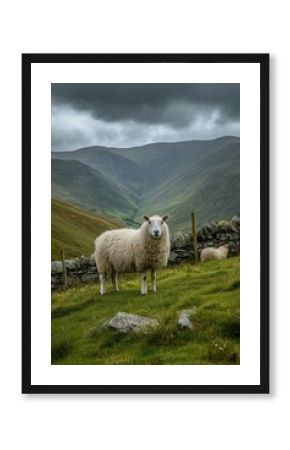 Fluffy Irish sheep graze on lush green hills bordered by low stone fences under a dramatic cloudy sky.