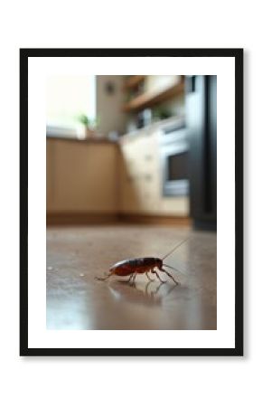 Cockroach crawls on a clean kitchen floor. Out of focus modern appliances create a background. This image highlights pest issues in domestic spaces.