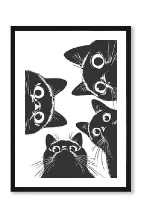 Adorable group of curious black cats with big eyes peering downward sketch engraving generative ai fictional character raster illustration. Scratch board imitation. Black and white image.