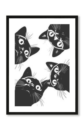 Adorable group of curious black cats with big eyes peering downward sketch engraving generative ai fictional character raster illustration. Scratch board imitation. Black and white image.