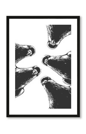 pigeons looking down, humorous visual concepts sketch engraving generative ai fictional character raster illustration. Scratch board imitation. Black and white image.