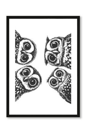 wide-eyed owls peeking downward with expressive faces sketch engraving generative ai raster illustration. Scratch board imitation. Black and white image.