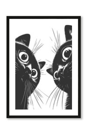 Adorable group of curious black cats with big eyes peering downward sketch engraving generative ai fictional character raster illustration. Scratch board imitation. Black and white image.