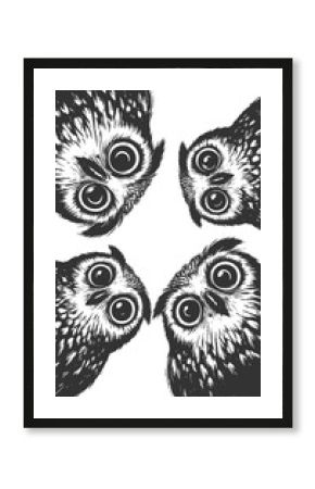 wide-eyed owls peeking downward with expressive faces sketch engraving generative ai raster illustration. Scratch board imitation. Black and white image.
