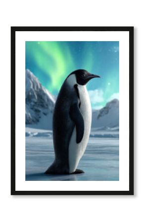 Penguin standing on icy landscape with aurora borealis, snowy mountain background, serene winter night, arctic wildlife scene