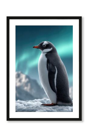 Penguin standing on ice under aurora, snowy mountain background, serene winter landscape, arctic wildlife scene