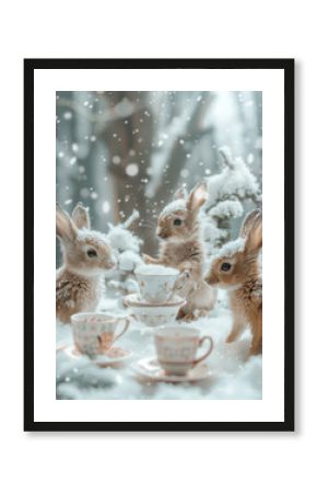 Adorable Woodland Baby Rabbits or Bunnies Having a Tiny Tea Party in Freshly Fallen Snow with Miniature Teacups and Saucers