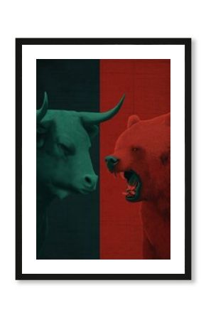 Bull and bear market financial trends concept. Bull and bear symbols depicting contrasting financial market movements and investment strategies