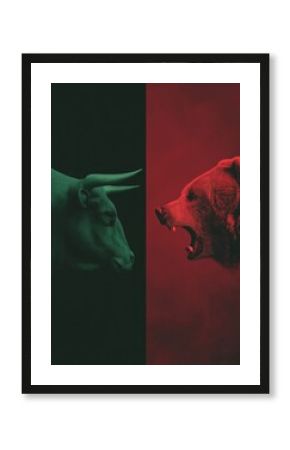 Bull and bear market financial trends concept. Bull and bear symbols depicting contrasting financial market movements and investment strategies