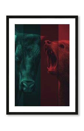 Bull and bear market financial trends concept. Bull and bear symbols depicting contrasting financial market movements and investment strategies