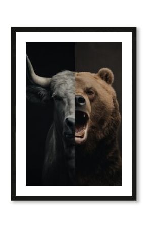 Bull and bear representing opposing forces in global financial market economy. Symbolizing bull and bear financial market trends