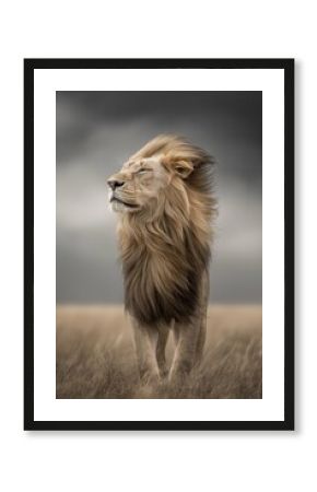 Lion standing in savanna looking into distance under dark sky. Powerful lion representing leadership, strength, and authority in dry grass
