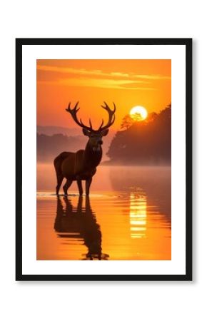 Ein majestätischer Hirsch steht in einem nebligen See, seine Silhouette und sein großes Geweih werden perfekt von der feurigen Orange umrahmt eines Sonnenuntergangs
