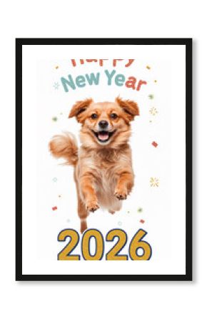 軽快に跳ねる犬とミニマルな白背景を組み合わせた2026年のハッピーニューイヤー向け縦構図デザイン. 生成AI