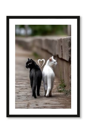 Two cats walking side by side on cobblestone path, black and white fur, heart shape, outdoor, friendship, peaceful