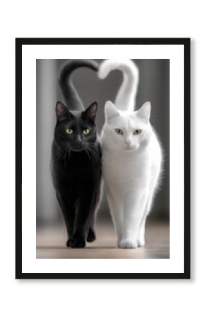 Two cats walking side by side, black cat and white cat, tails forming heart shape, close up, friendship, indoors
