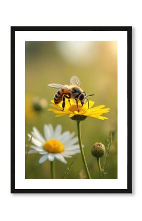 Honeybee lands on yellow daisy petal. Insect collects nectar pollen from bloom in sunny meadow. Blurred white flower green grass background. Macro insect detail.